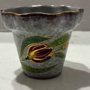 Vintage Italian Hand Painted Planter Marbled Blue Gold Rim Red Flower ITALY